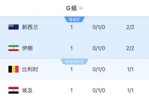 4隊1分！G組積分榜：四檔新西蘭居首！伊朗第2比利時第3埃及墊底配圖