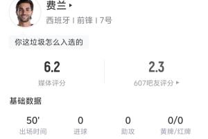 費蘭半場數(shù)據(jù):3射門1射正1中框 丟失球權(quán)14次 地面對抗6成功0配圖