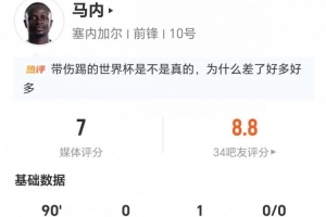 馬內(nèi)本場0射+1助攻 5關(guān)鍵傳球+3搶斷 16對抗10成功+16丟失球權(quán)配圖